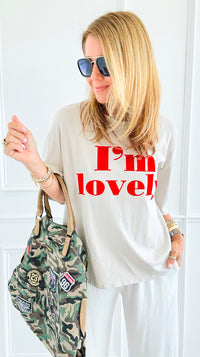 I'm Lovely Italian tee- Beige-110 short Sleeve Top-V SKY-Coastal Bloom Boutique, find the trendiest versions of the popular styles and looks Located in Indialantic, FL