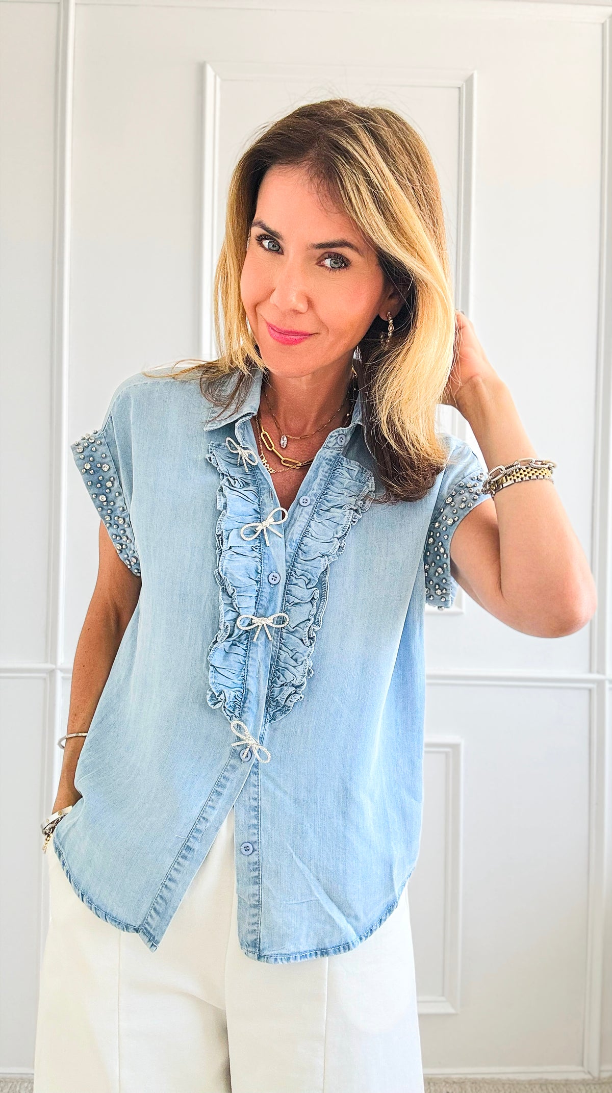 Ruffled Mini Bows Denim Top-110 Short Sleeve Tops-pastel design-Coastal Bloom Boutique, find the trendiest versions of the popular styles and looks Located in Indialantic, FL