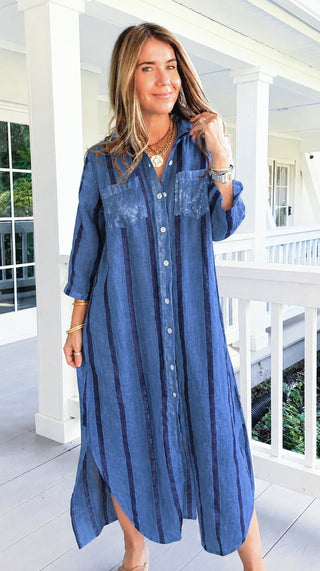 Weekend Sail Stripe Italian Button Dress- Steel Blue