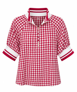 Gingham Striped Trim Quarter Zip Top