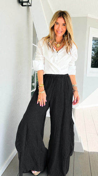 Moon Big Pocket Linen Italian Pants- Black