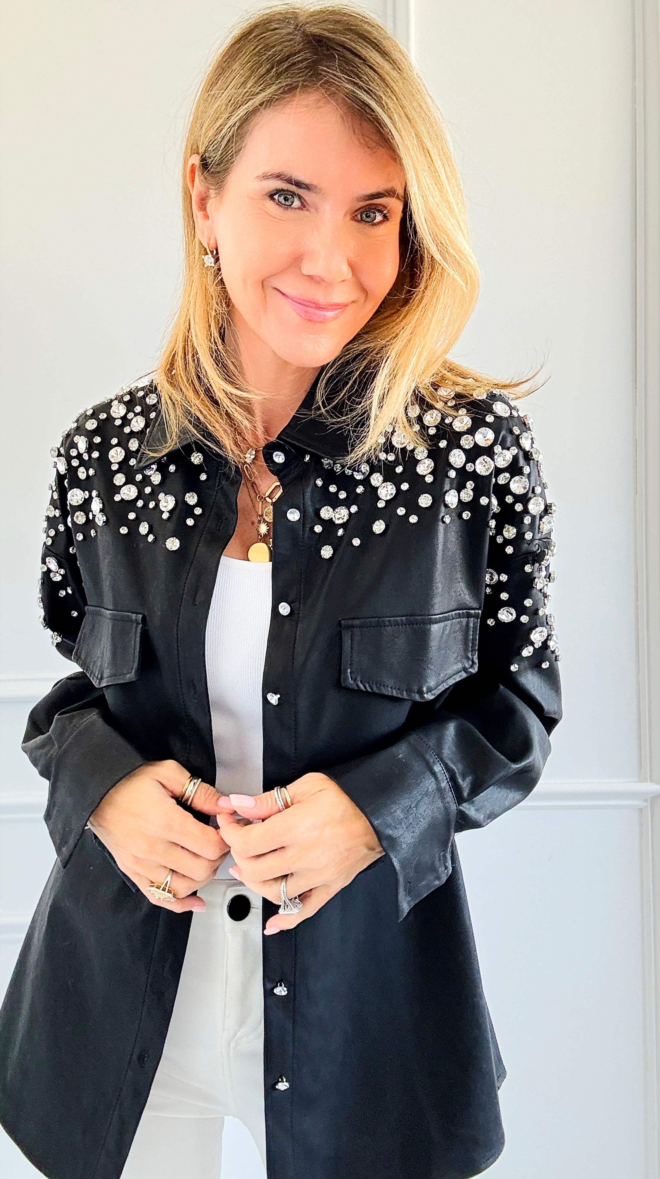 Shimmering Elegance Button-Down Jacket - Black-160 Jackets-SALT-Coastal Bloom Boutique, find the trendiest versions of the popular styles and looks Located in Indialantic, FL