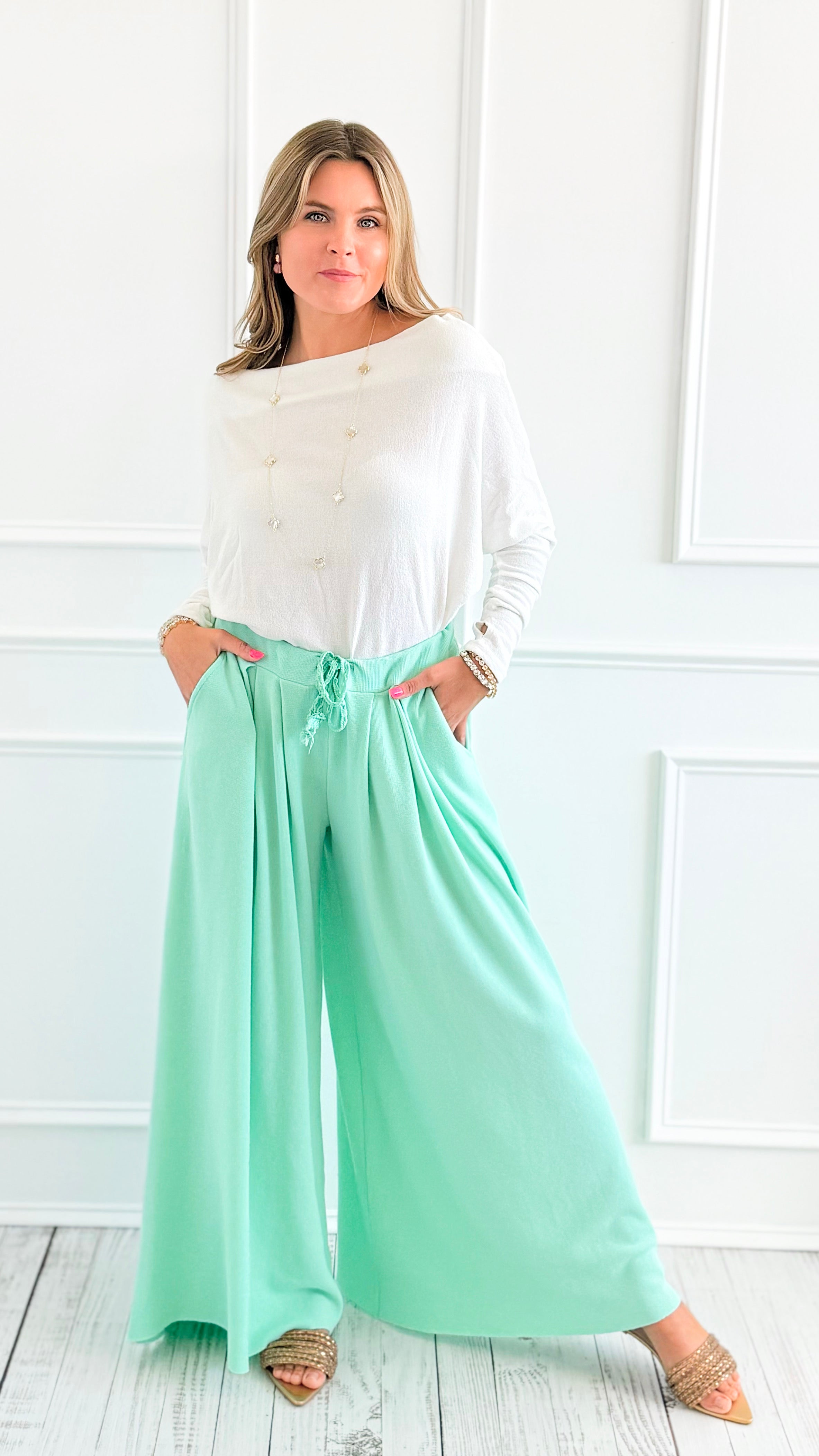 Relaxed Flowy High-Rise Pants - Mint-170 Bottoms/Shorts-POL-Coastal Bloom Boutique, find the trendiest versions of the popular styles and looks Located in Indialantic, FL
