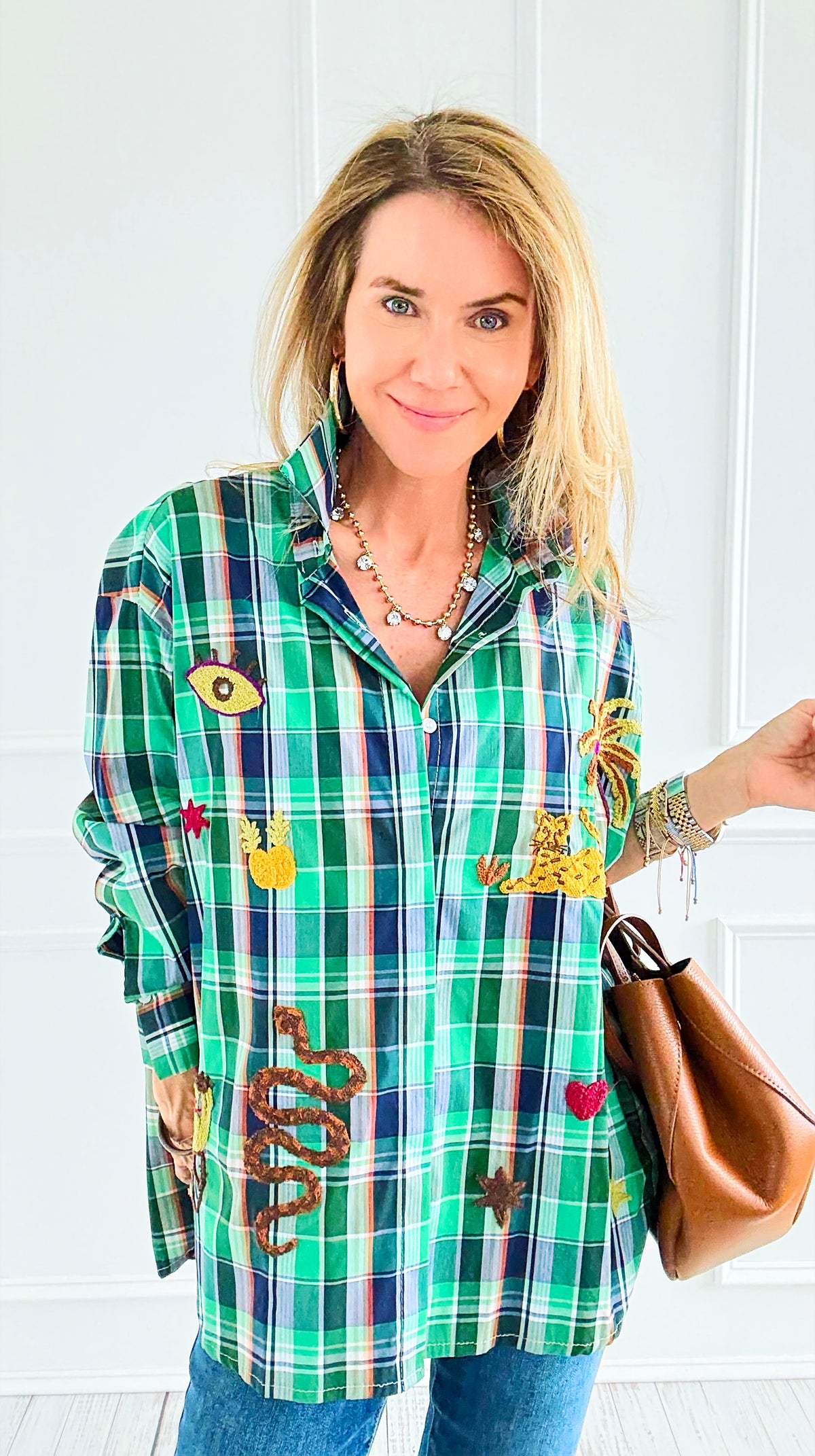 Desert Mirage Plaid Italian Blouse-Green-110 Long Sleeve Tops-TATTOO Z-Coastal Bloom Boutique, find the trendiest versions of the popular styles and looks Located in Indialantic, FL