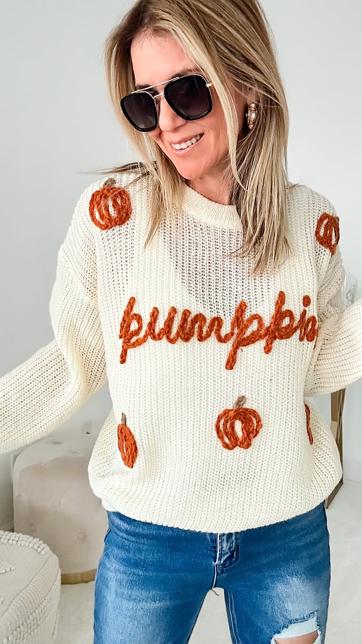 Pumpkin Sweater - Oatmeal-130 Long Sleeve Tops-BIBI-Coastal Bloom Boutique, find the trendiest versions of the popular styles and looks Located in Indialantic, FL