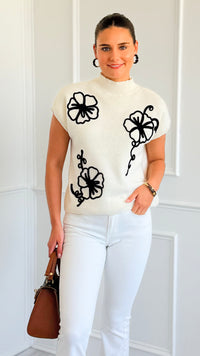 Floral Trim Knit Sleeveless Sweater- Cream-140 Sweaters-Blu Pepper-Coastal Bloom Boutique, find the trendiest versions of the popular styles and looks Located in Indialantic, FL