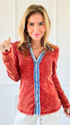 Distressed Denim Trim Button-Up Top - Red-130 Long Sleeve Tops-mystree-Coastal Bloom Boutique, find the trendiest versions of the popular styles and looks Located in Indialantic, FL