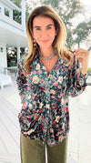 Floral Muse Velvet Button Down Blouse - Green/ Red-130 Long Sleeve Tops-sew in love-Coastal Bloom Boutique, find the trendiest versions of the popular styles and looks Located in Indialantic, FL