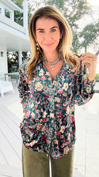 Floral Muse Velvet Button Down Blouse - Green/ Red-130 Long Sleeve Tops-sew in love-Coastal Bloom Boutique, find the trendiest versions of the popular styles and looks Located in Indialantic, FL