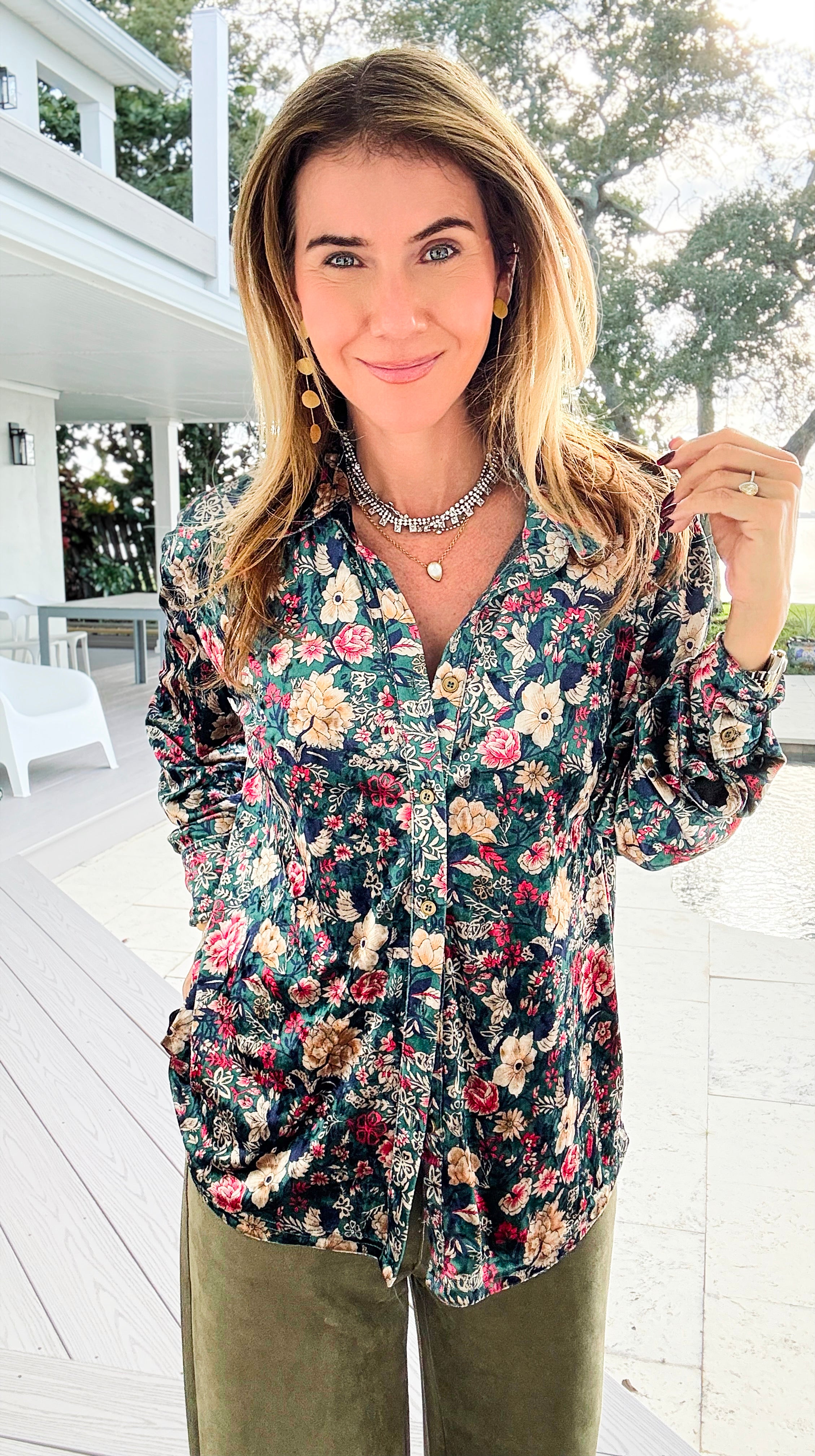 Floral Muse Velvet Button Down Blouse - Green/ Red-130 Long Sleeve Tops-sew in love-Coastal Bloom Boutique, find the trendiest versions of the popular styles and looks Located in Indialantic, FL