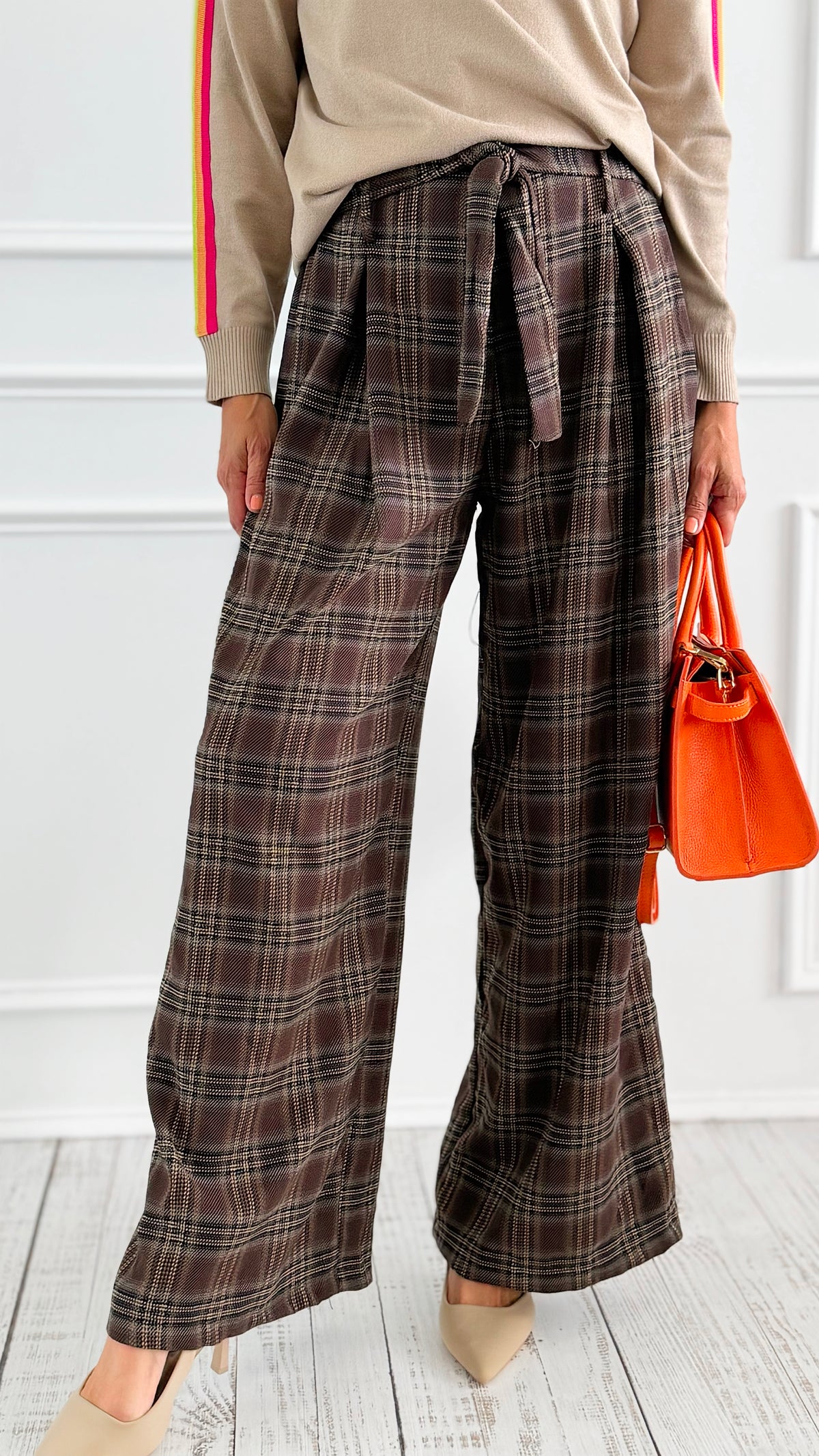 Luxe Bow Plaid Italian Pant-100 Pants-AZUL MONACO-Coastal Bloom Boutique, find the trendiest versions of the popular styles and looks Located in Indialantic, FL