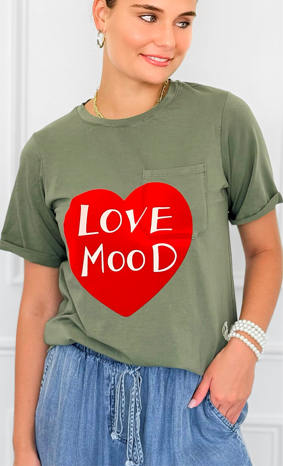 Love Mood Italian Graphic tee- Olive-110 short Sleeve Top-V SKY-Coastal Bloom Boutique, find the trendiest versions of the popular styles and looks Located in Indialantic, FL