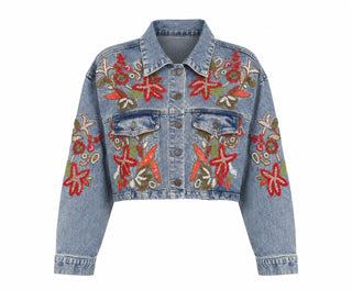 Floral Embroidered Denim Crop Jacket