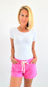 Drawstring Denim Shorts - Pink-170 Bottoms/Shorts-HYFVE-Coastal Bloom Boutique, find the trendiest versions of the popular styles and looks Located in Indialantic, FL