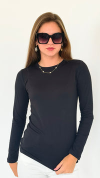 Anniston Brushed Microfiber Long Sleeve Neck Tee - Black-130 Long Sleeve Tops-Zenana-Coastal Bloom Boutique, find the trendiest versions of the popular styles and looks Located in Indialantic, FL