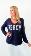 "Beach" Lightweight Knit V Neck - Navy/White-140 Sweaters-Miracle-Coastal Bloom Boutique, find the trendiest versions of the popular styles and looks Located in Indialantic, FL