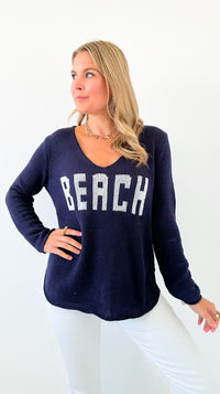 "Beach" Lightweight Knit V Neck - Navy/White-140 Sweaters-Miracle-Coastal Bloom Boutique, find the trendiest versions of the popular styles and looks Located in Indialantic, FL