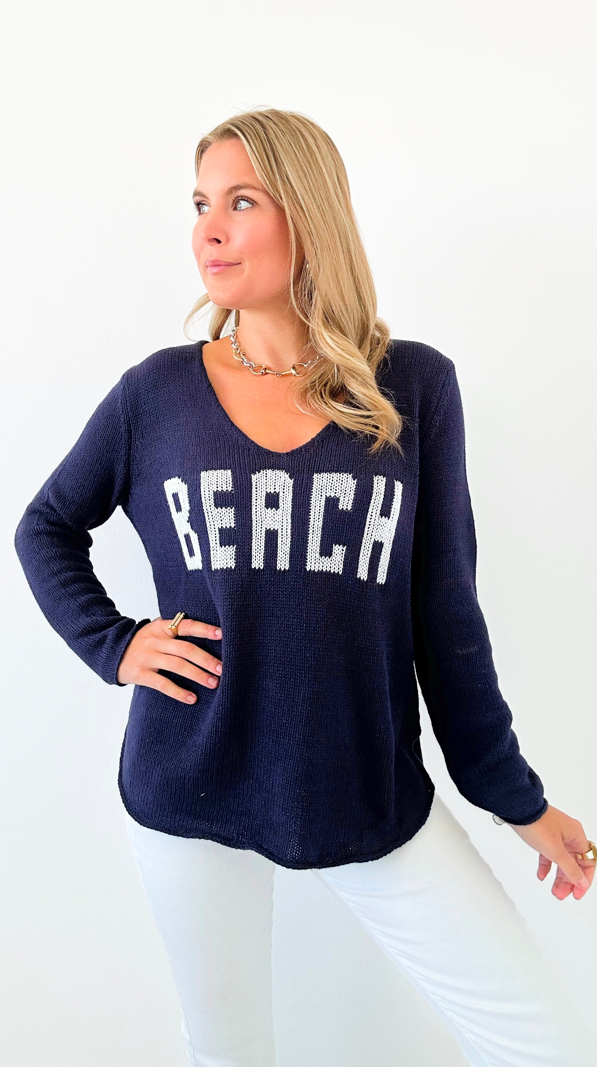 "Beach" Lightweight Knit V Neck - Navy/White-140 Sweaters-Miracle-Coastal Bloom Boutique, find the trendiest versions of the popular styles and looks Located in Indialantic, FL