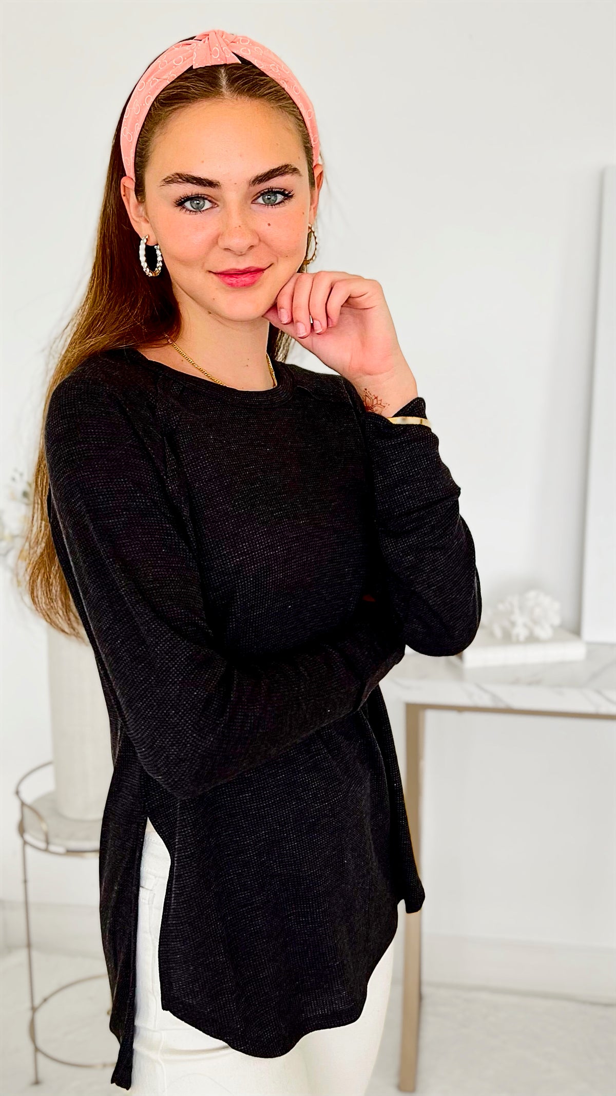 Easy Days Waffle Long Sleeve Top - Black-130 Long Sleeve Tops-Zenana-Coastal Bloom Boutique, find the trendiest versions of the popular styles and looks Located in Indialantic, FL