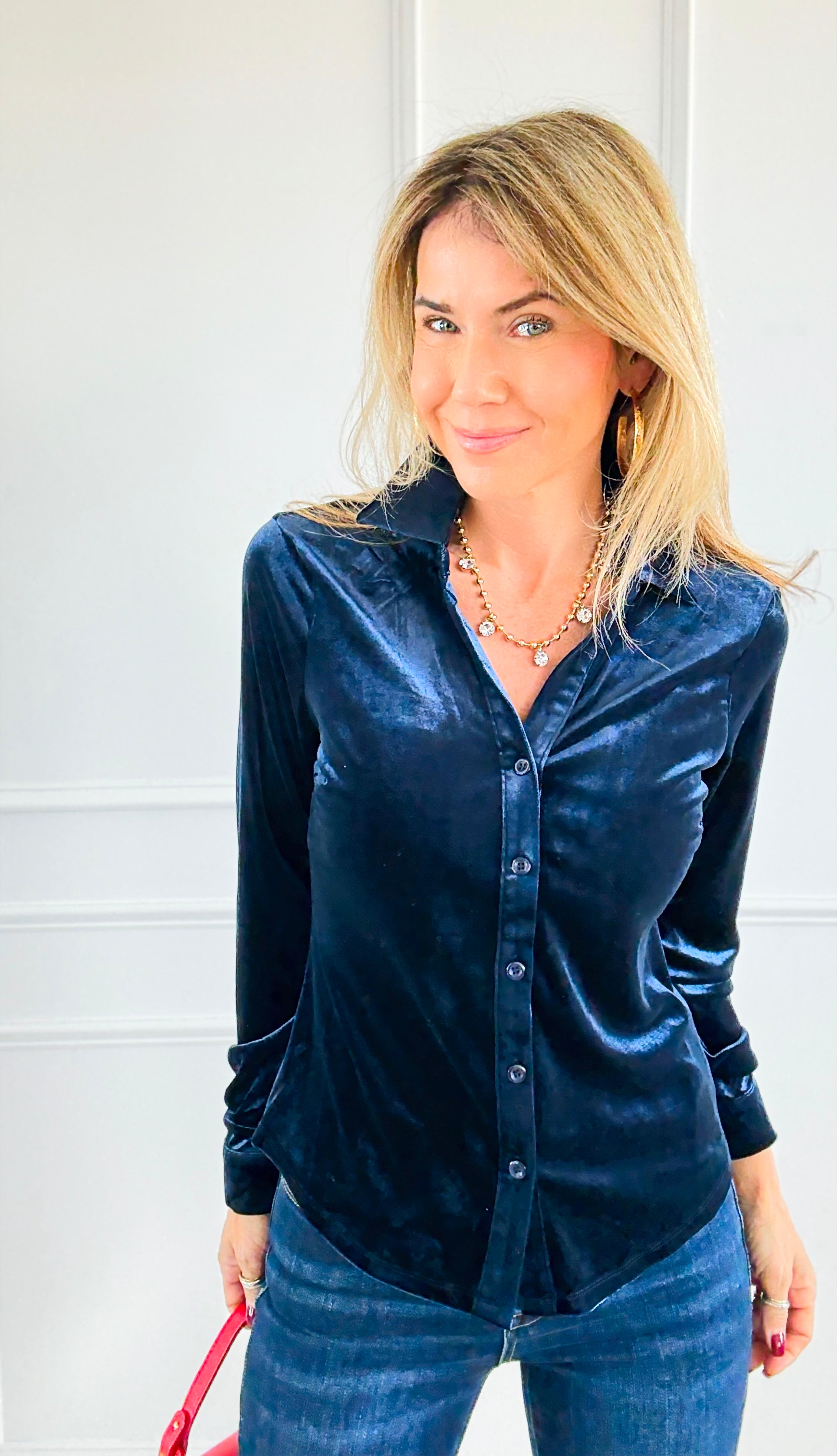 Velvet Crush Button Down Top - Navy-130 Long Sleeve Tops-Must Have-Coastal Bloom Boutique, find the trendiest versions of the popular styles and looks Located in Indialantic, FL