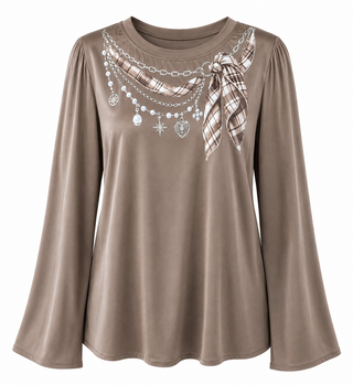 Pearls & Plaid Italian Silky Top- Taupe