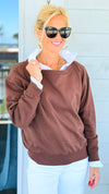 Off-Duty Boatneck Fleece Sweatshirt - Brown-110 Long Sleeve Tops-Zenana-Coastal Bloom Boutique, find the trendiest versions of the popular styles and looks Located in Indialantic, FL