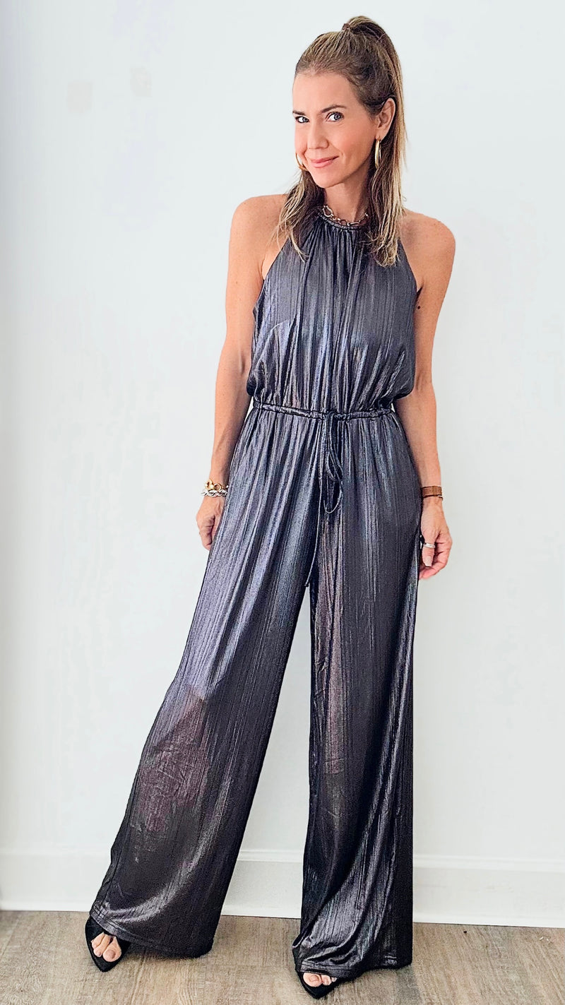 Metallic Drawstring Waist Jumpsuit-200 Dresses/Jumpsuits/Rompers-GIGIO-Coastal Bloom Boutique, find the trendiest versions of the popular styles and looks Located in Indialantic, FL