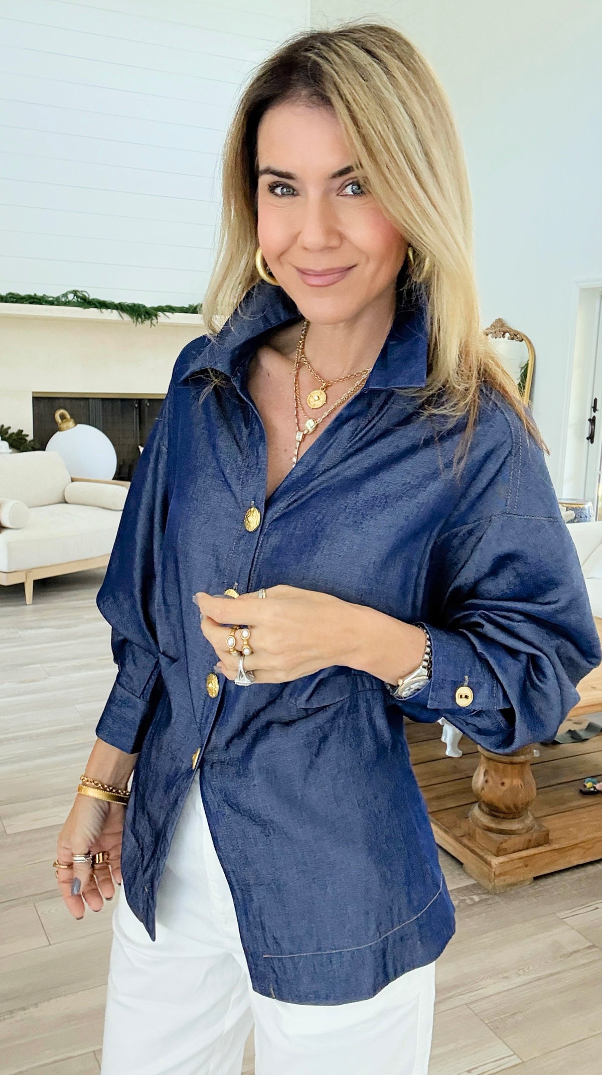 Golden Hour Shimmer Button Top-130 Long Sleeve Tops-LA ROS-Coastal Bloom Boutique, find the trendiest versions of the popular styles and looks Located in Indialantic, FL