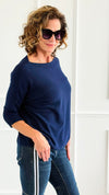 Break Free Round - Neck 3/4 Sleeve Italian Sweater Top - Navy-140 Sweaters-J.D. PRONTO MODA-Coastal Bloom Boutique, find the trendiest versions of the popular styles and looks Located in Indialantic, FL