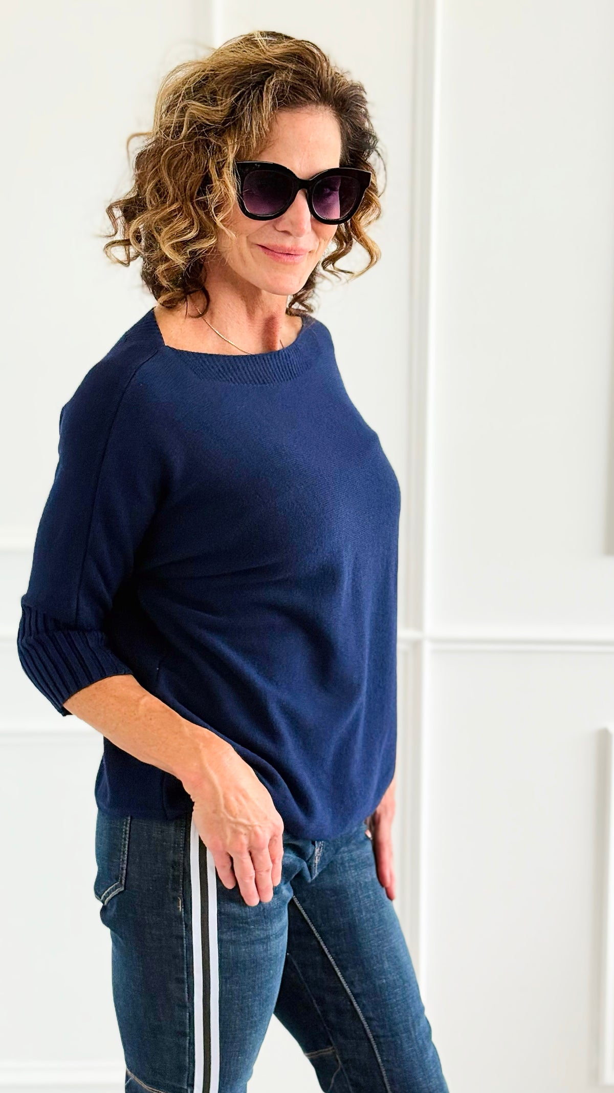 Break Free Round - Neck 3/4 Sleeve Italian Sweater Top - Navy-140 Sweaters-J.D. PRONTO MODA-Coastal Bloom Boutique, find the trendiest versions of the popular styles and looks Located in Indialantic, FL