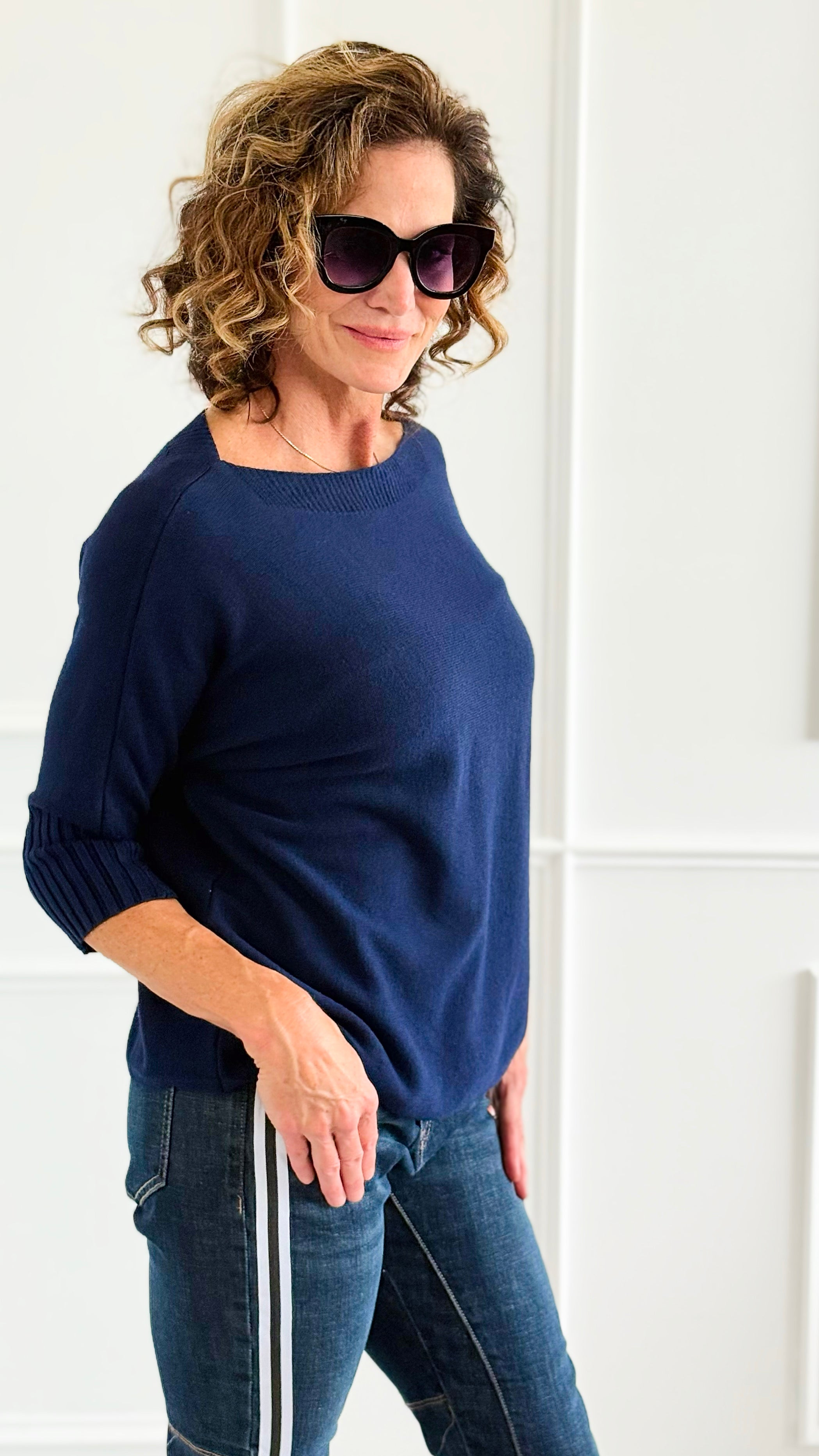 Break Free Round - Neck 3/4 Sleeve Italian Sweater Top - Navy-140 Sweaters-J.D. PRONTO MODA-Coastal Bloom Boutique, find the trendiest versions of the popular styles and looks Located in Indialantic, FL