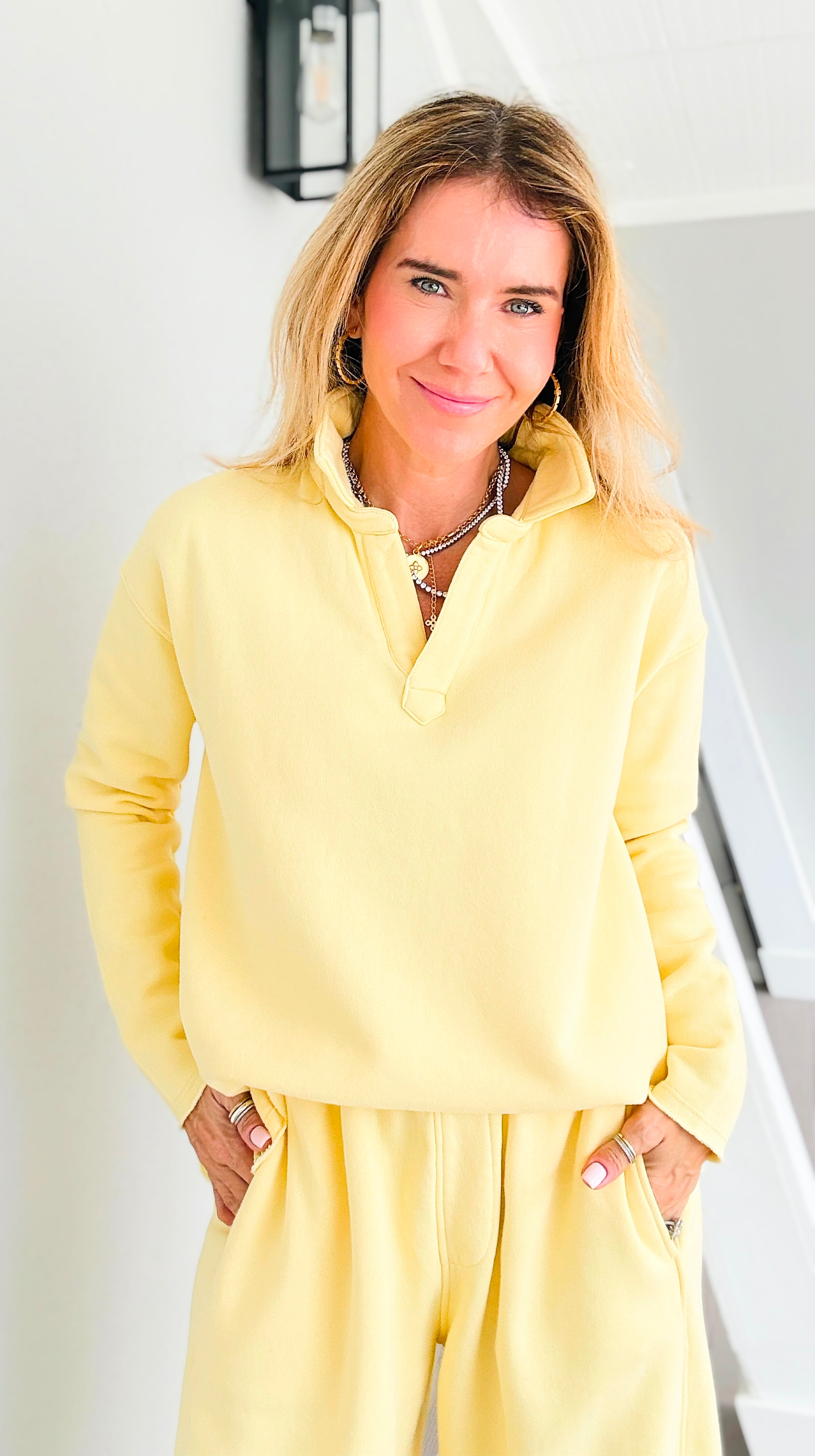 Eileen Cozy Lounge Collar Pullover Top - Yellow Glow
