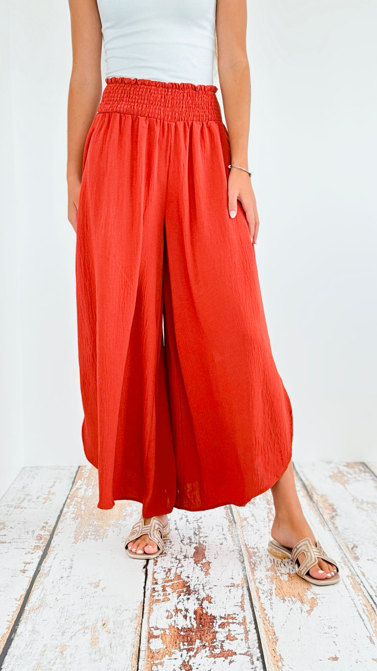 Smocked Elastic Waist Band Pants- Rust-170 Bottoms-oddi-Coastal Bloom Boutique, find the trendiest versions of the popular styles and looks Located in Indialantic, FL