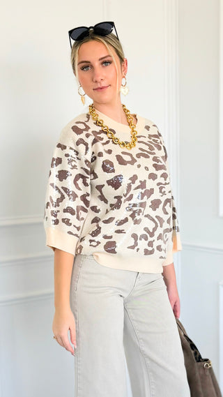Sequin Animal Print Knit Top - Taupe