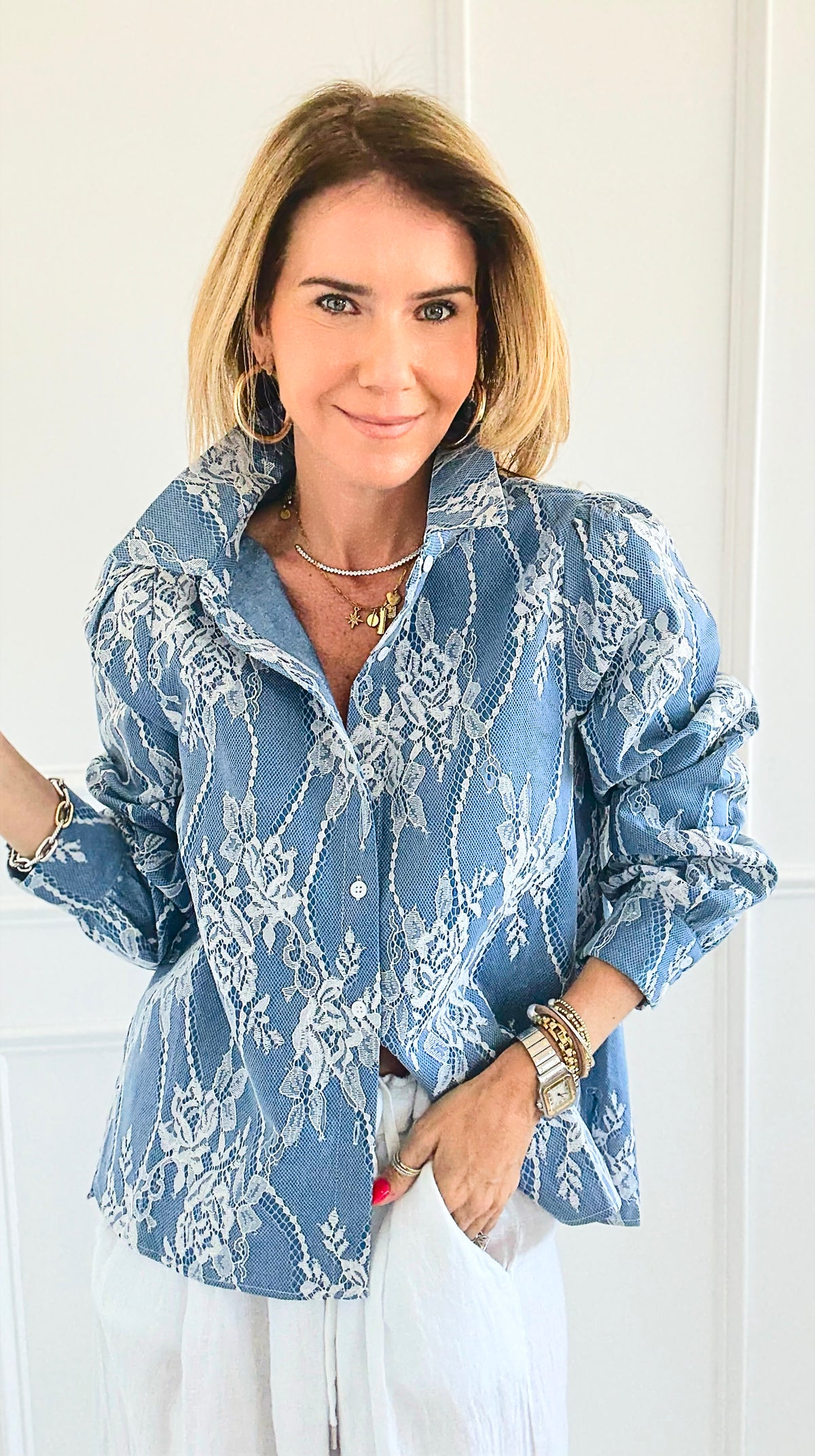 Denim Embroidered Lace Blouse-130 Long Sleeve Set-Lovelo x GeeGee-Coastal Bloom Boutique, find the trendiest versions of the popular styles and looks Located in Indialantic, FL