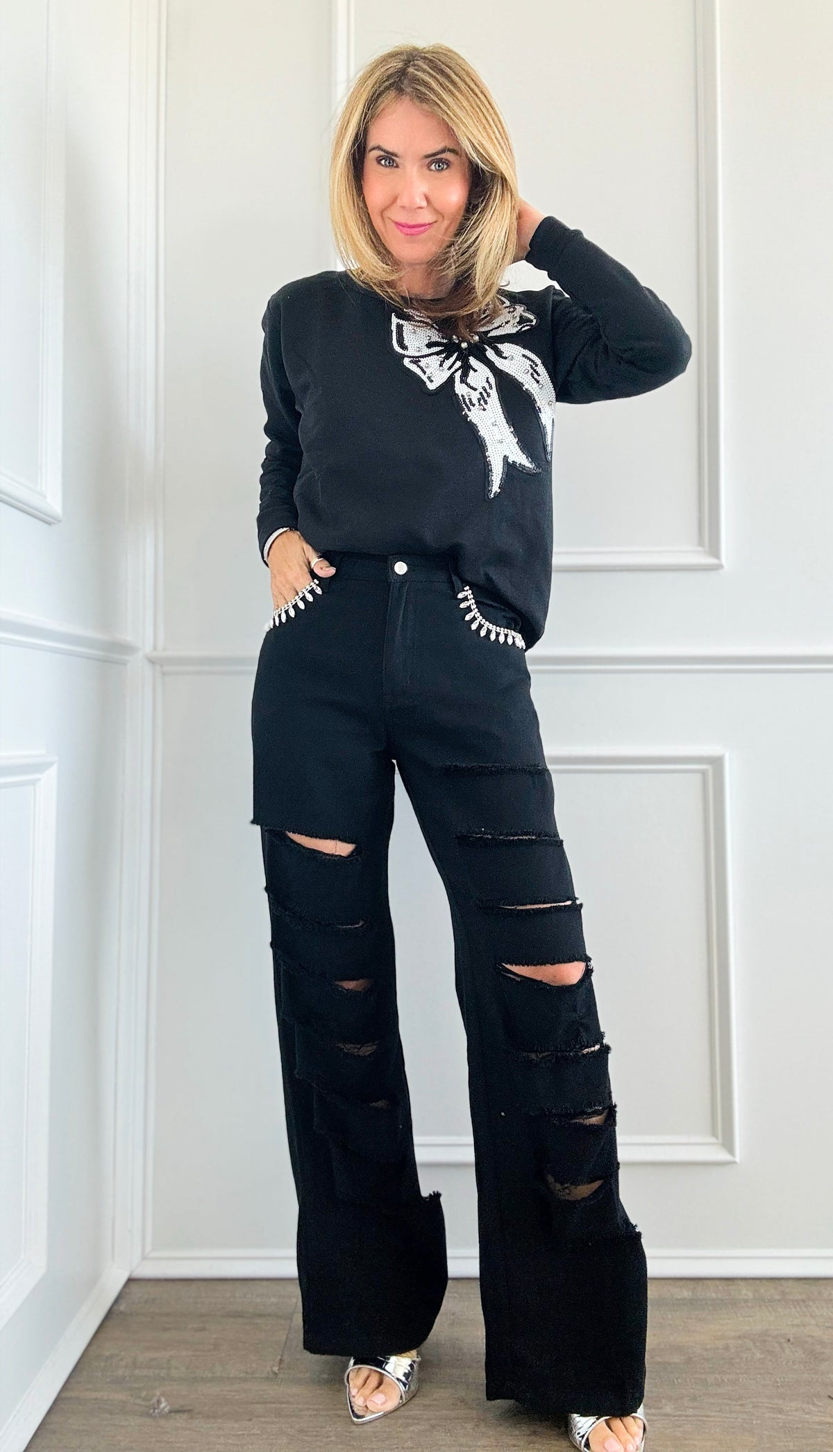 Rhinestone Pockets Trim Distressed Pants - Black-170 Bottoms-Hot & Delicious-Coastal Bloom Boutique, find the trendiest versions of the popular styles and looks Located in Indialantic, FL