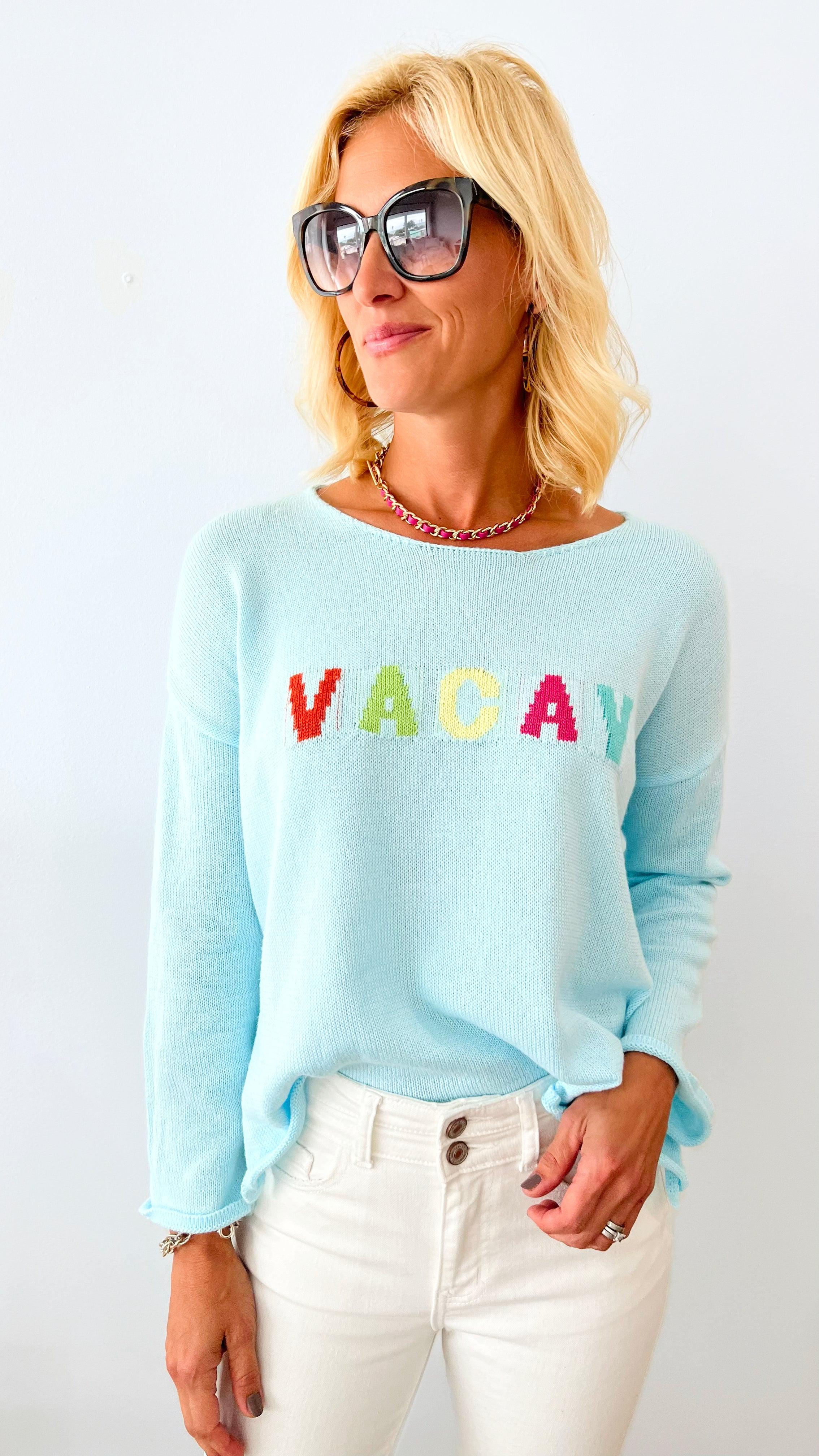 "Vacay" Lightweight Soft Sweater Top - Light Blue-140 Sweaters-MIRACLE-Coastal Bloom Boutique, find the trendiest versions of the popular styles and looks Located in Indialantic, FL