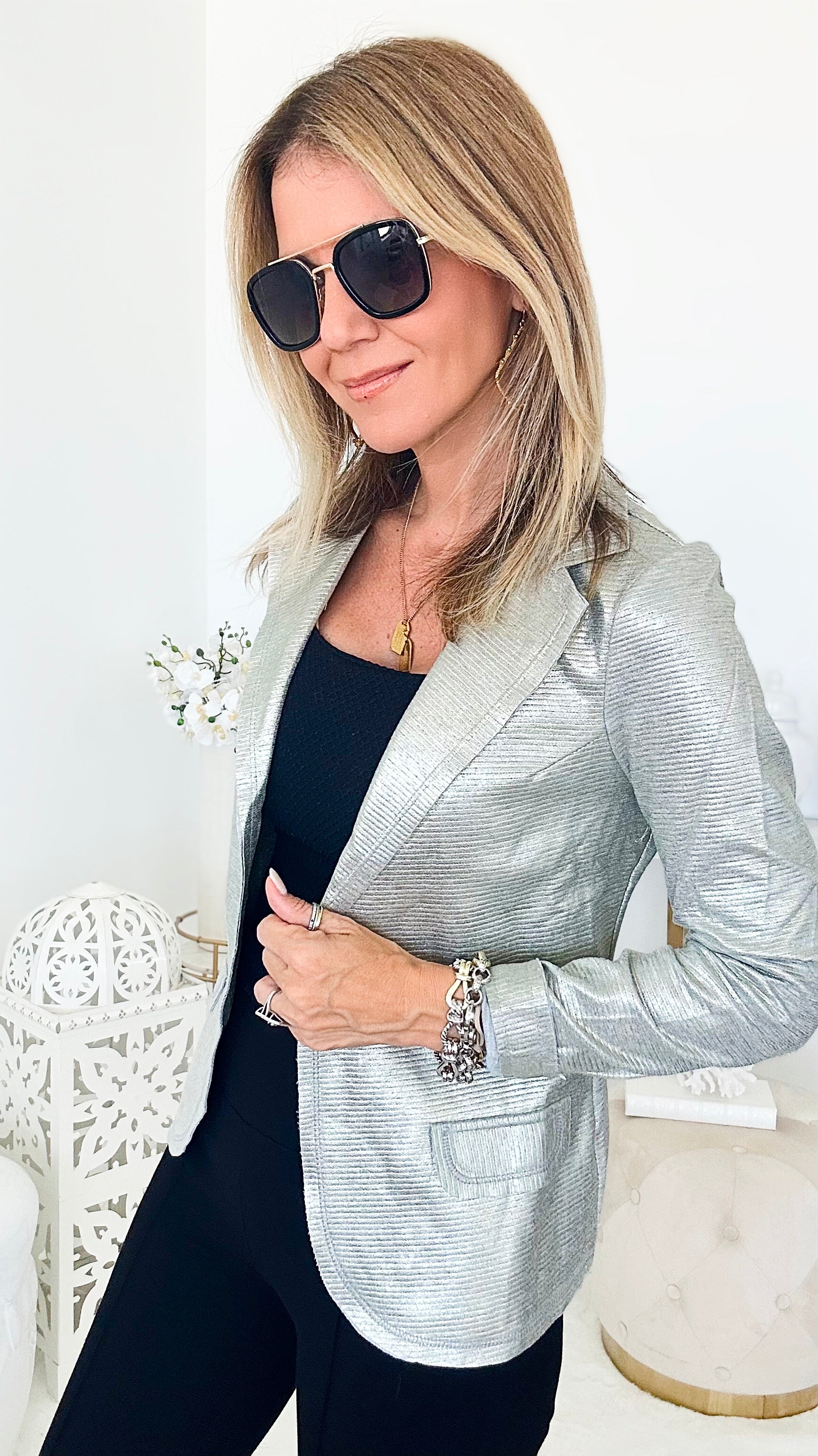 Metallic Embossed Stripe Italian Blazer-150 Cardigans/Layers-Venti6 Outlet-Coastal Bloom Boutique, find the trendiest versions of the popular styles and looks Located in Indialantic, FL