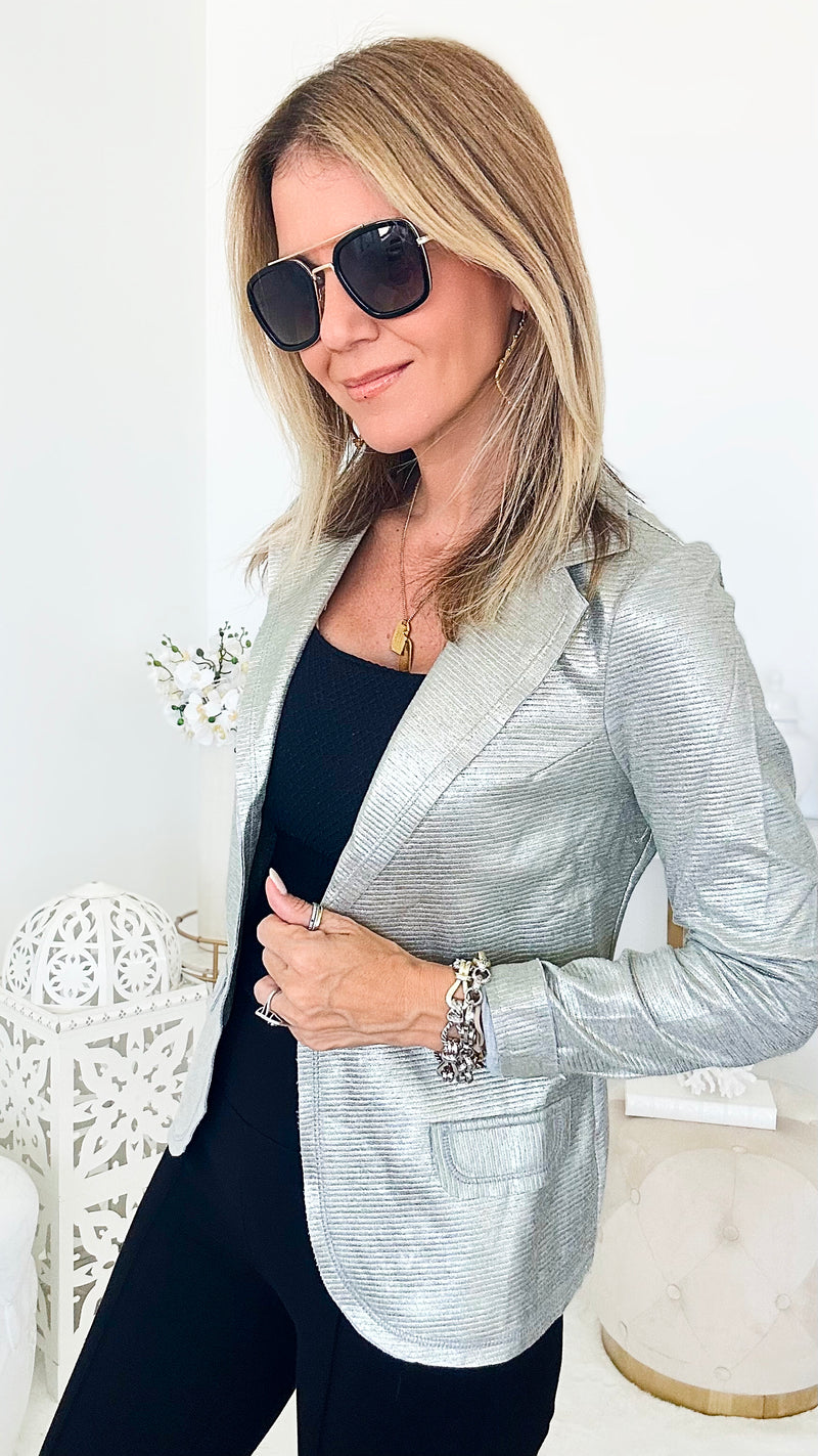 Metallic Embossed Stripe Italian Blazer-150 Cardigans/Layers-Venti6 Outlet-Coastal Bloom Boutique, find the trendiest versions of the popular styles and looks Located in Indialantic, FL