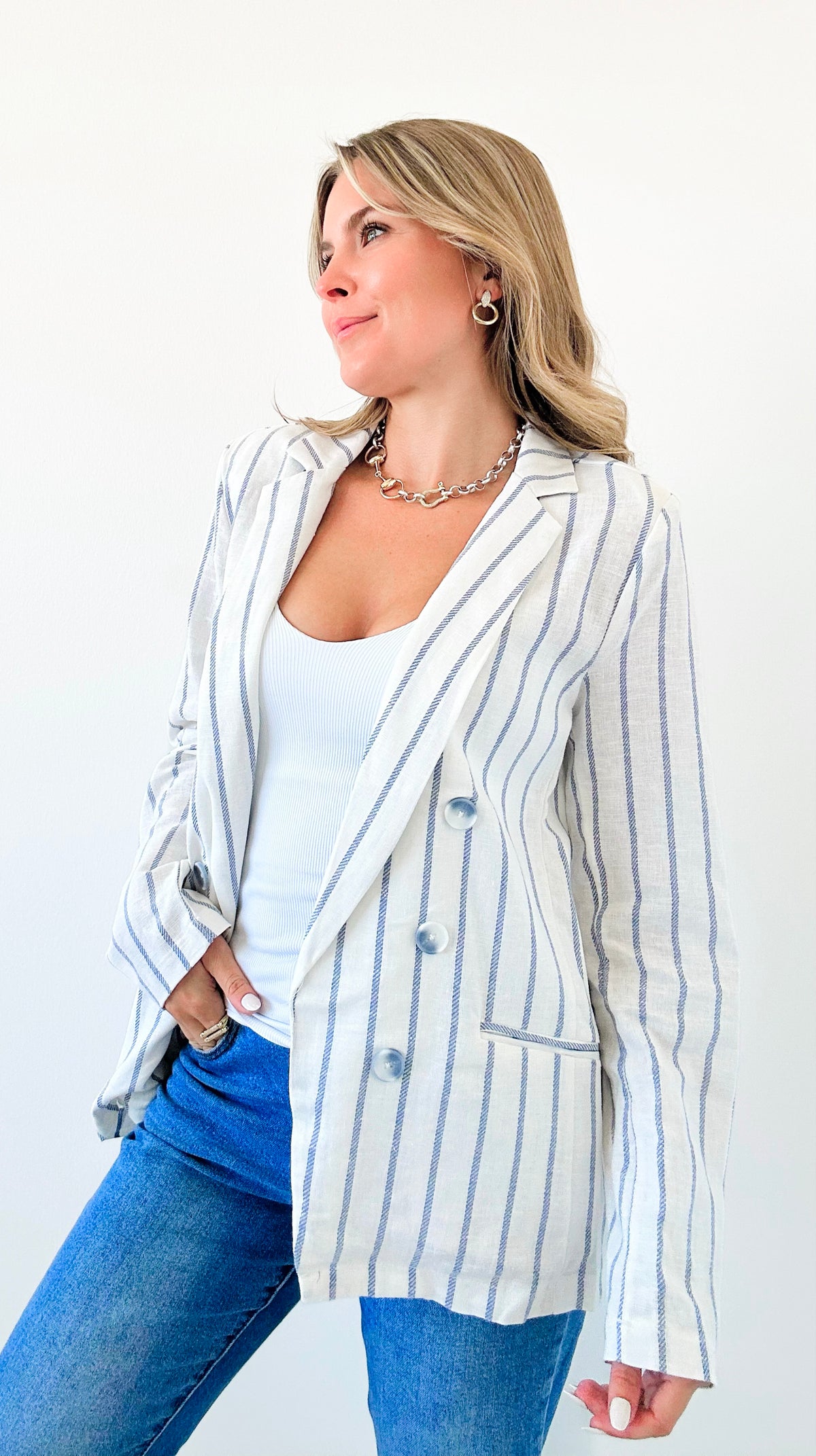 Coastal Stripes Linen Blend Blazer-160 Jackets-26 INTERNATIONAL-Coastal Bloom Boutique, find the trendiest versions of the popular styles and looks Located in Indialantic, FL