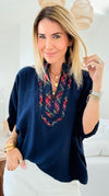 Bold Plaid Trim Blouse - Navy-110 Short Sleeve Tops-entro-Coastal Bloom Boutique, find the trendiest versions of the popular styles and looks Located in Indialantic, FL