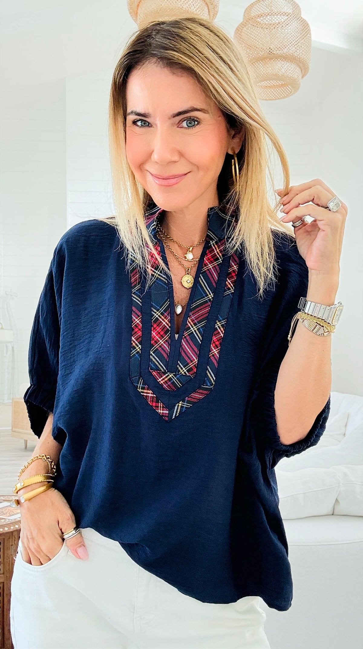 Bold Plaid Trim Blouse - Navy-110 Short Sleeve Tops-entro-Coastal Bloom Boutique, find the trendiest versions of the popular styles and looks Located in Indialantic, FL