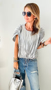 Metallic Silver Pleated Tie Waist Blouse - Silver-110 Short Sleeve Tops-Glam-Coastal Bloom Boutique, find the trendiest versions of the popular styles and looks Located in Indialantic, FL