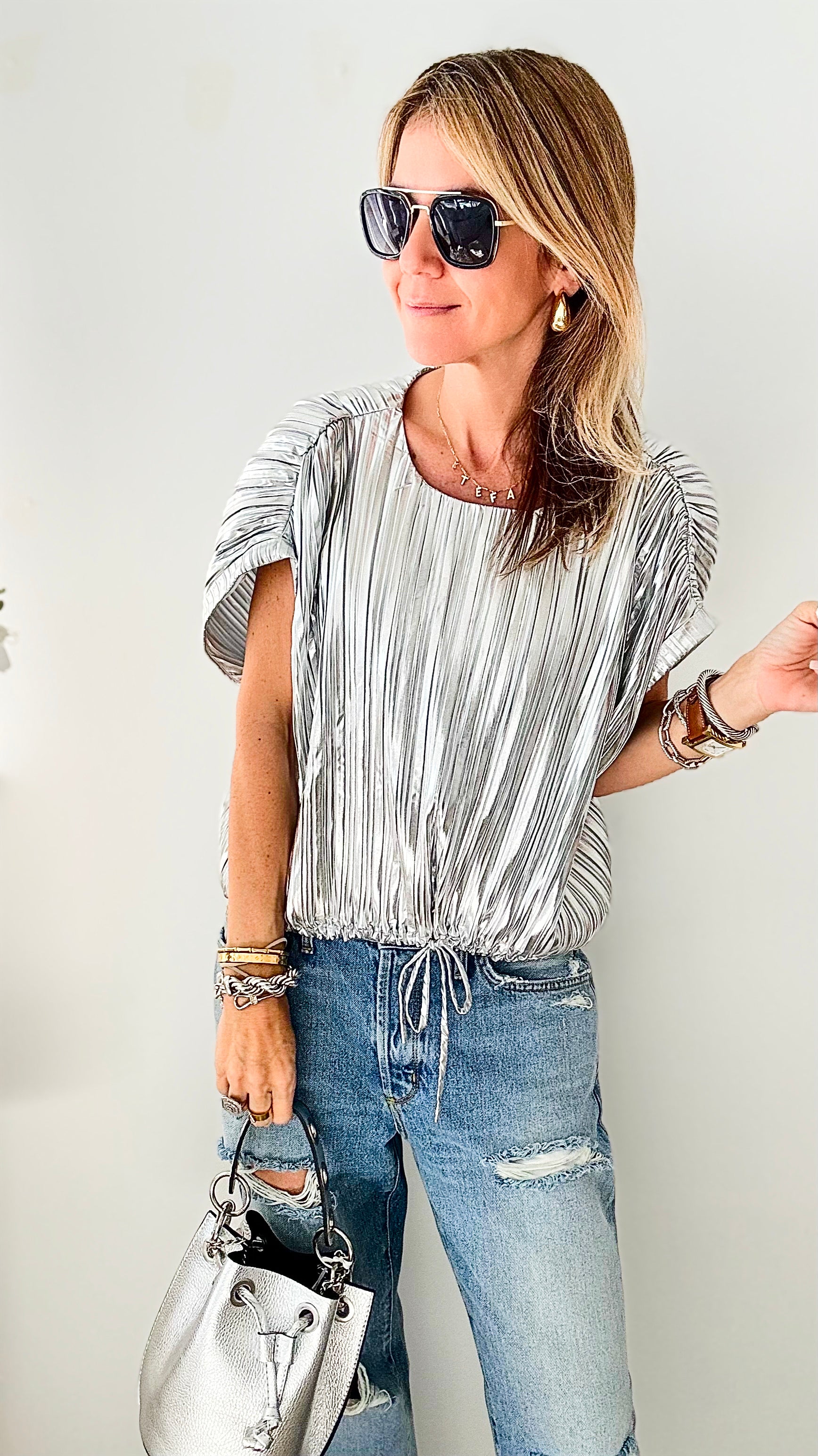 Metallic Silver Pleated Tie Waist Blouse - Silver-110 Short Sleeve Tops-Glam-Coastal Bloom Boutique, find the trendiest versions of the popular styles and looks Located in Indialantic, FL