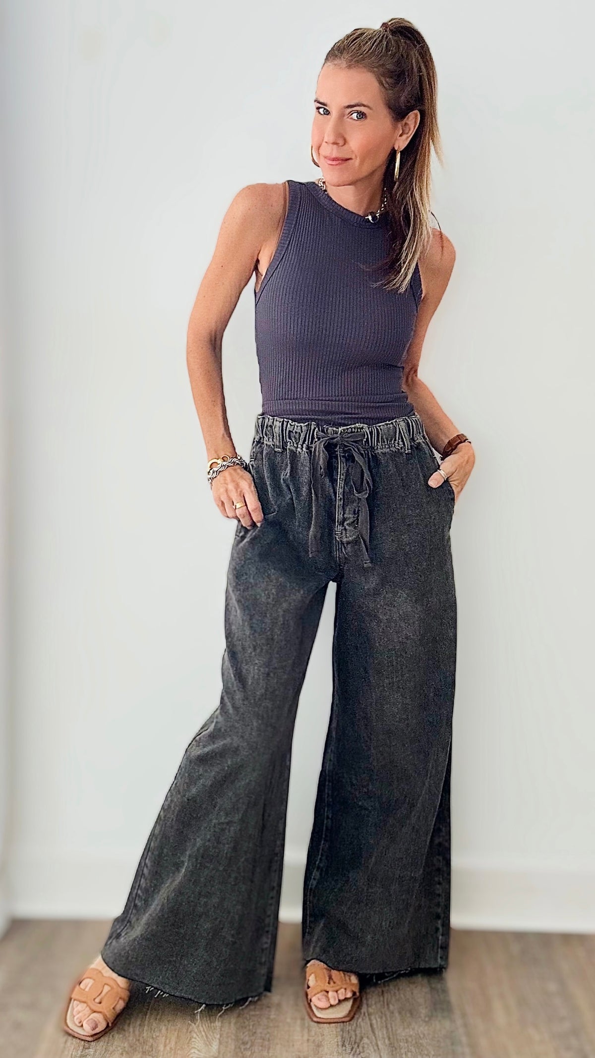 Street Style Oversized Denim Pants - Washed Black-170 Bottoms-EASEL-Coastal Bloom Boutique, find the trendiest versions of the popular styles and looks Located in Indialantic, FL