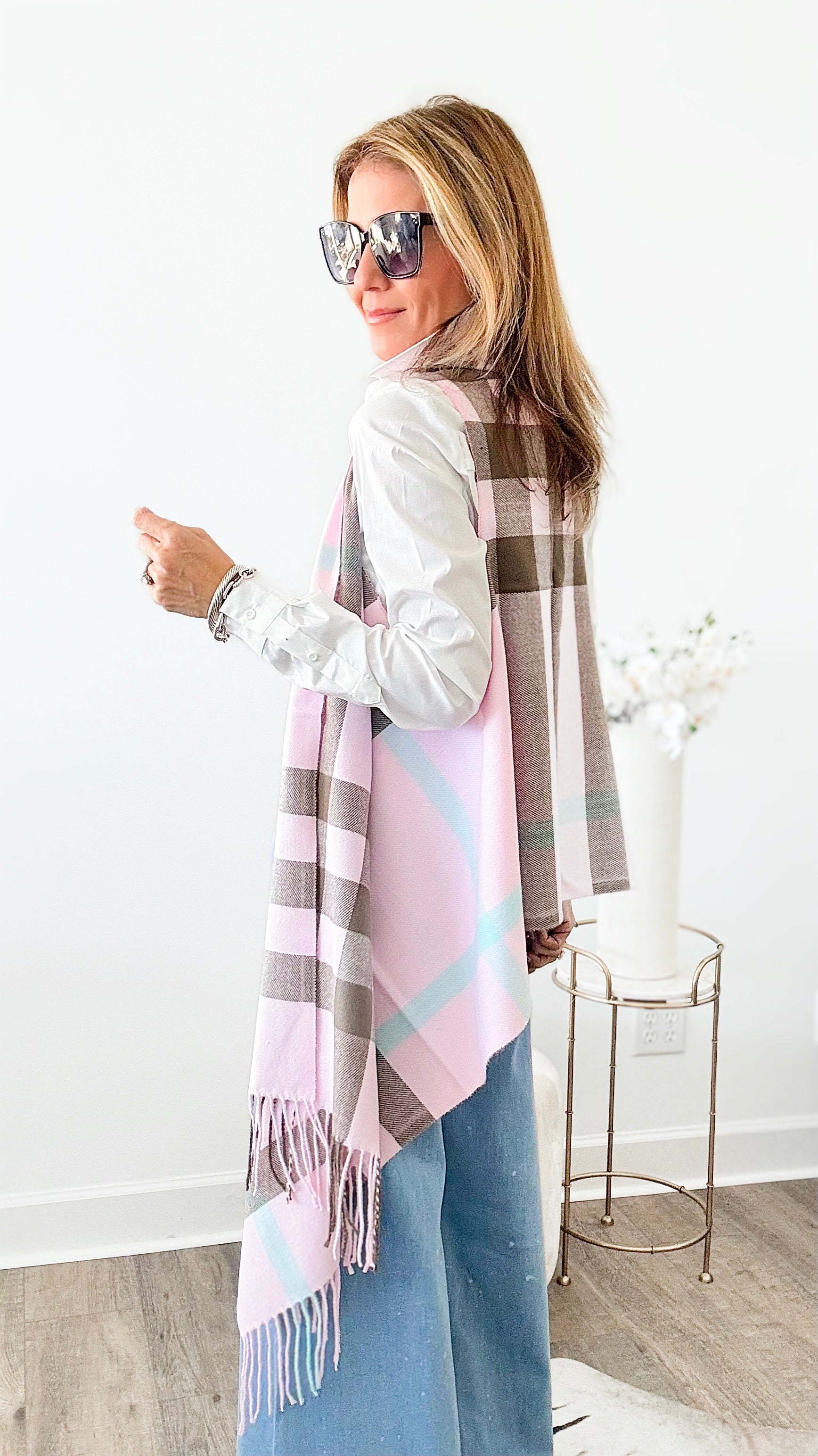 Plaid Cashmere Cover-Up Long Vest-150 Cardigans/Layers-Cap Zone-Coastal Bloom Boutique, find the trendiest versions of the popular styles and looks Located in Indialantic, FL