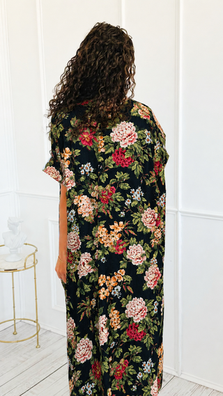 Classic Bloom Italian Button Long Dress- Black