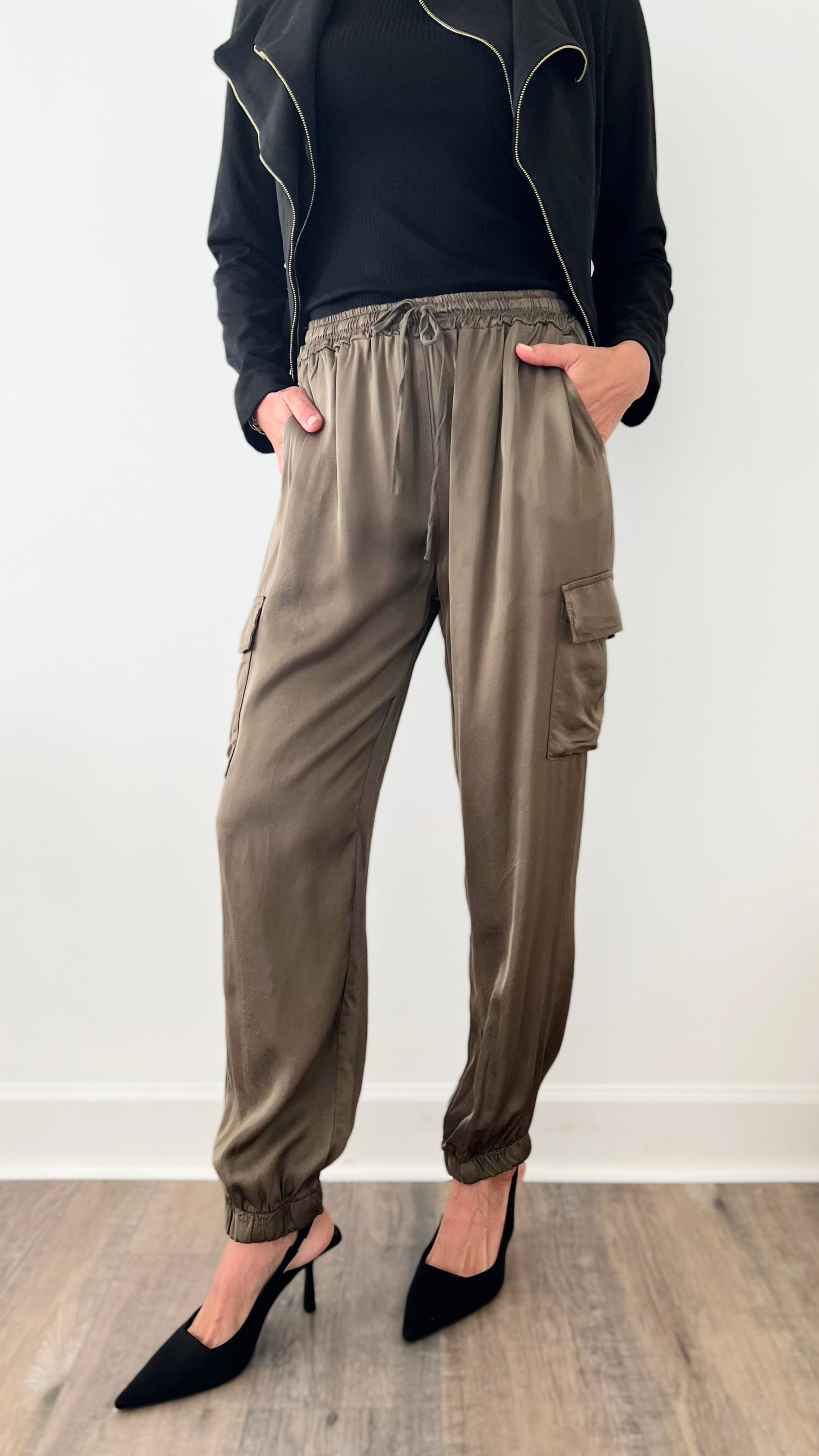 Luxe Look Italian Cargo Joggers - Army Green-170 Bottoms-Germany-Coastal Bloom Boutique, find the trendiest versions of the popular styles and looks Located in Indialantic, FL