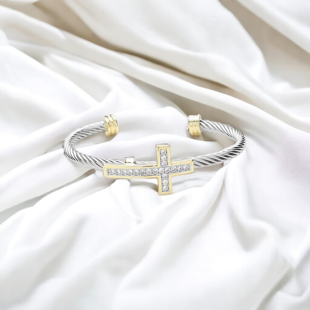 Textured Cross Charm Open Bangle Bracelet-230 Jewelry-NYW-Coastal Bloom Boutique, find the trendiest versions of the popular styles and looks Located in Indialantic, FL