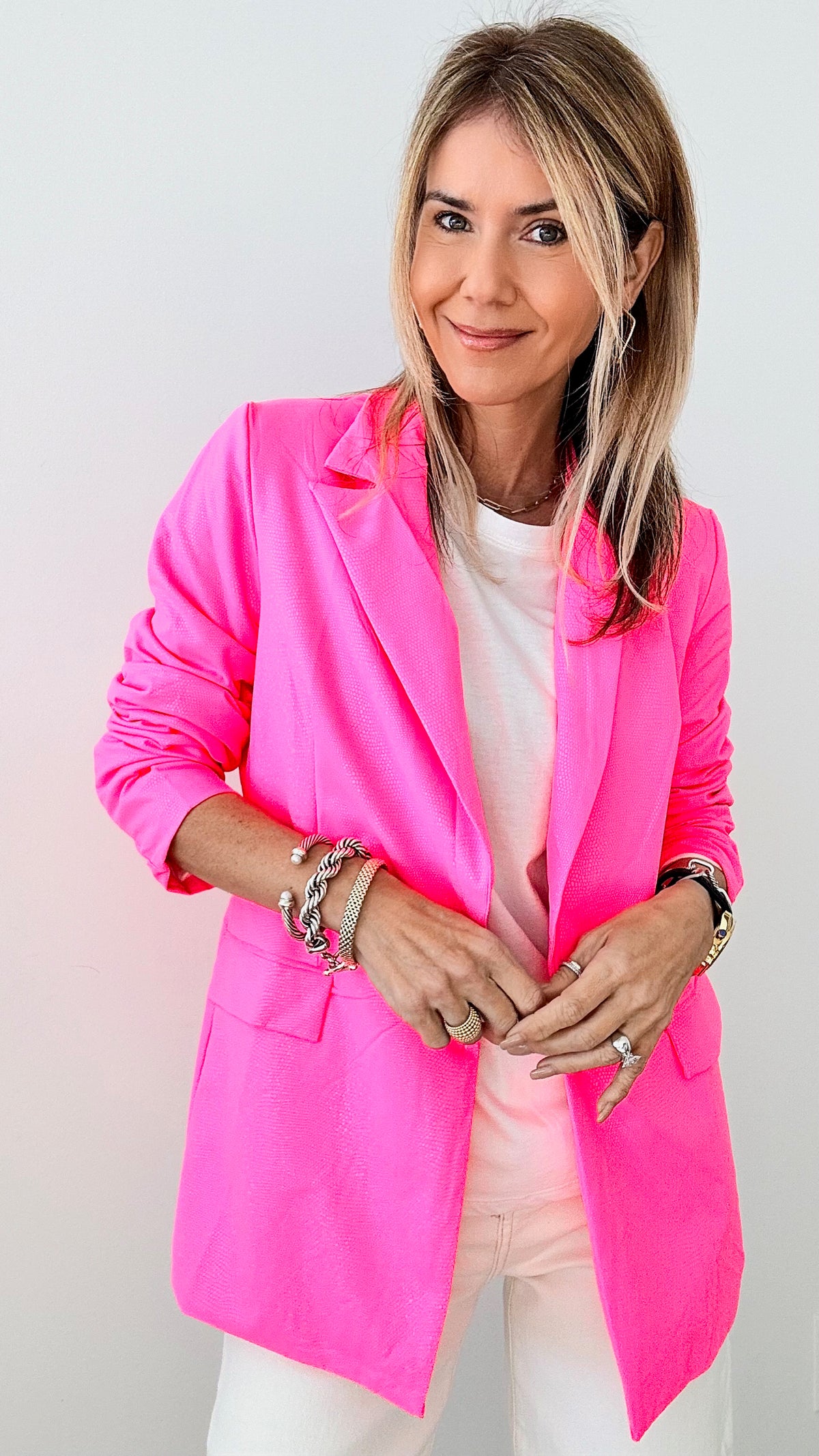 Long Sleeve Printed Blazer - Neon Pink-160 Jackets-Rousseau-Coastal Bloom Boutique, find the trendiest versions of the popular styles and looks Located in Indialantic, FL
